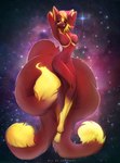 5_tails anthro blue_eyes breasts featureless_breasts female fur glowing glowing_body hair looking_at_viewer multi_tail red_body red_fur red_hair short_hair solo space star tail yellow_body yellow_fur conditional_dnp sadbitch molly_fullin alien canid canine dreamspinner fox mammal hi_res