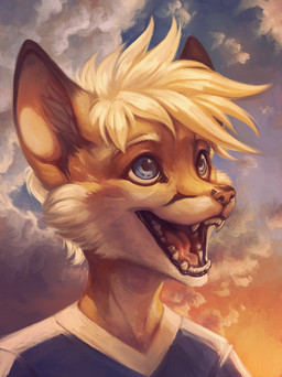 anthro blonde_hair blue_eyes clothed clothing cloud eyebrows fangs fur hair male open_mouth open_smile smile solo teeth young young_anthro young_male hanmonster tycloud canid canine fox mammal absurd_res headshot_portrait hi_res portrait