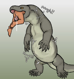 abdominal_bulge ambiguous_gender bodily_fluids body_in_mouth feral group head_first human_prey in_throat larger_feral muffled multiple_prey neck_bulge on_hind_legs oral_vore saliva size_difference smaller_human swallowing trio vore hgythshs human komodo_dragon lizard mammal megalania monitor_lizard reptile scalie absurd_res hi_res