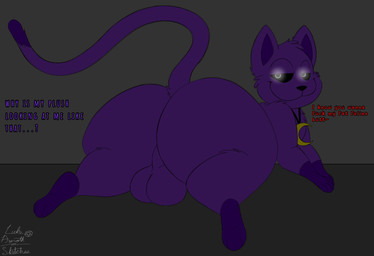 anthro balls butt feral fur genitals jewelry male nude plushie purple_body purple_fur simple_background smile solo tail text lukeazeroth89 mob_entertainment poppy_playtime smiling_critters catnap_(poppy_playtime) domestic_cat felid feline felis mammal monster digital_drawing_(artwork) digital_media_(artwork) signature sketch
