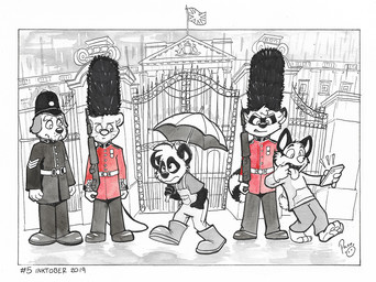 anthro armor boots clothed clothing fence footwear front_view group hand_in_pocket hat headgear headwear helmet logo male mouth_closed outside pockets shoes standing young young_anthro young_male pandapaco parinton bear canid canine giant_panda mammal mustelid otter procyonid raccoon 2019 artist_logo dated partially_colored signature traditional_media_(artwork)