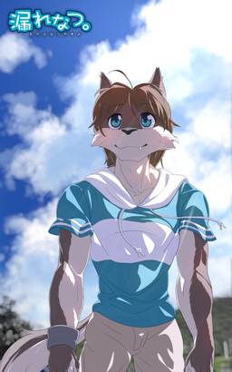 anthro armband bangs black_nose blue_clothing blue_eyes blue_hoodie blue_topwear bottomwear brown_body brown_fur brown_hair clothing cloud countershade_arms countershade_face countershade_torso countershading fangs fur grey_armband hair hoodie kemono male outside shorts sky smile solo tail tan_body tan_bottomwear tan_clothing tan_fur tan_shorts teeth topwear pitania4 morenatsu shun_kodori canid canine canis mammal wolf 2025 absurd_res hi_res