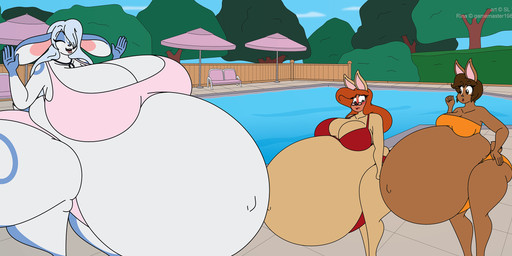 anthro belly belly_size_difference big_belly big_breasts big_butt bikini blush breasts brown_eyes brown_hair butt chair clothing cloud copyright_symbol eyes_closed eyewear female fence furniture glasses group hair hedge huge_belly huge_breasts huge_butt huge_thighs hyper hyper_belly hyper_breasts hyper_butt hyper_pregnancy hyper_thighs navel open_mouth outie_navel plant poolside pregnant red_hair shrub sky swimming_pool swimwear symbol thick_thighs tree trio two-piece_swimsuit umbrella water satsumalord lily_(satsumalord) rina_(gamemaster19863) vicki_(satsumalord) lagomorph leporid mammal rabbit 2020 7:3 digital_media_(artwork) hi_res
