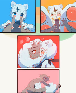 anthro big_hands blue_eyes blush bodily_fluids cheek_grab clothing duo eyes_closed fellatio female fur hair happy huge_hands kissing male one-piece_swimsuit oral paws penile sex short_hair sweat swimwear white_body white_fur white_hair utterangle domestic_cat felid feline felis mammal comic hi_res