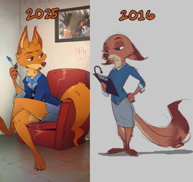 3_toes anthro barefoot blue_eyes bottomwear chair cheek_tuft clipboard clothing collared_shirt comparison crossed_legs detailed_background dress_shirt ears_down facial_tuft feet female fur furniture hand_on_hip holding_object long_tail neck_tuft on_chair orange_body orange_fur pen pivoted_ears pointy_ears shirt sitting skirt snout solo standing tail toes topwear tuft unimpressed ruffu megan_fawkes canid canine fox mammal 2016 2025 colored_sketch digital_media_(artwork) sketch