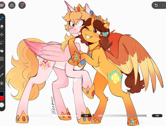 armor art_program_in_frame bent_legs blonde_mane blue_eyes blush brown_mane brown_tail brown_wings circle closed_smile crown cutie_mark duo ear_piercing emerald_(gem) eye_through_hair eyebrow_through_hair eyebrows feathered_wings feathers female feral folded_wings fur gem hair happy headgear hooves horn hud hug hugging_another larger_female larger_feral leg_tuft light long_mane long_tail mane medium_mane medium_tail mouth_closed multicolored_body multicolored_fur multicolored_mane number one_eye_closed orange_body orange_fur orange_horn peytral piercing pink_body pink_fur pink_horn pink_wings princess quadruped raised_hoof royalty ruby_(gem) sabatons sapphire_(gem) simple_background size_difference smaller_female smaller_feral smile smiling_at_another smiling_at_each_other standing tail tan_body tan_fur tan_wings text tiara toothy_grin translucent translucent_hair tuft unicorn_horn white_background wings yellow_tail feeniroir chinese_zodiac hasbro mario_bros my_little_pony mythology nintendo year_of_the_horse princess_daisy princess_daisy_sunshine_(feeniroir) princess_peach princess_peach_toadstool_(feeniroir) equid equine mammal mythological_creature mythological_equine winged_unicorn 2026 artist_name colored crossover digital_drawing_(artwork) digital_media_(artwork) english_description english_text hi_res lighting shaded