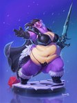 anthro armor barbarian belly big_belly big_breasts boots breasts cape character_miniature clothed clothing d20 dice female footwear fur fur_boots gauntlets gloves handwear holding_object holding_weapon huge_hips huge_thighs melee_weapon miniature navel obese obese_anthro obese_female overweight overweight_anthro overweight_female purple_body purple_fur reaching_towards_viewer red_eyes shoes skimpy skull_accessory snow solo sword thick_calves thick_thighs unconvincing_armor weapon wide_hips pineconedraws bear mammal ursine 3:4 digital_media_(artwork) digital_painting_(artwork) hi_res