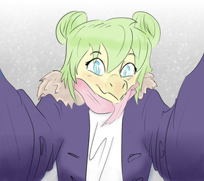 anthro blue_eyes blush clothed clothed_anthro clothed_female clothing coat eyebrow_through_hair eyebrows female first_person_view front_view green_hair hair hair_bun happy long_hair looking_at_viewer open_clothing open_coat open_topwear pink_scarf purple_clothing purple_coat purple_topwear reaching_towards_viewer scarf shirt smile snow snowflake snowing solo topwear translucent translucent_hair twin_buns white_clothing white_shirt white_topwear winter_coat ollie_sketchess goodbye_volcano_high ko_op_(game_developer) stella_(gvh_beta) dinosaur ornithischian prehistoric_species reptile scalie stegosaurian stegosaurus thyreophoran colored half-length_portrait hi_res portrait shaded