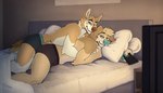 anthro bed blue_nose brown_nose clothing controller cuddling duo fur furniture holding_object lying male male/male on_bed on_side pillow underwear watching_television yellow_body yellow_fur tazara canid canine canis domestic_dog mammal