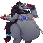 abdominal_bulge american_flag anthro belly big_belly big_breasts bikini black_body black_fur black_hair bodily_fluids body_outline bottomwear bra breasts burger chest_tuft clothed clothing digestion_noises drooling duo female female_pred food fur grey_body grey_fur hair hot_dog huge_belly long_hair navel offscreen_character oral_vore pants plate red_hair saliva simple_background smile solo_focus swimwear teeth tongue tongue_out tuft two-piece_swimsuit underwear united_states_of_america vore white_background kasdal nintendo pokemon fan_character sol_(shiretsuna) vaskin_(anamecuz) generation_5_pokemon pokemon_(species) zoroark