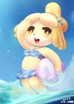 anthro ball beach_ball bell_accessory clothing female fur gesture holding_object inflatable kemono navel open_mouth partially_submerged ruffled_bikini solo standing swimwear water wave waving yellow_body yellow_eyes yellow_fur ni_jikan animal_crossing nintendo isabelle_(animal_crossing) canid canine canis domestic_dog mammal shih_tzu toy_dog dated hi_res signature