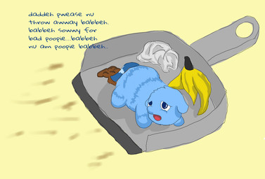 abuse ambiguous_feral ambiguous_gender animal_abuse baby_talk banana_peel blue_body blue_eyes blue_fur blue_tail dustpan feces feral fur looking_up_at_another offscreen_character simple_background solo tail text trash young young_ambiguous young_feral carpdime fluffy_pony fluffy_pony_(species) mammal digital_media_(artwork) english_text shaded
