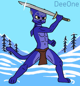 anthro blue_body bottomwear clothing detailed_background ear_piercing ear_ring facial_markings facial_scar head_markings holding_melee_weapon holding_object holding_sword holding_weapon loincloth male markings melee_weapon piercing ring_piercing scar snow solo sword weapon deeone microsoft the_elder_scrolls inigo_(tes_mod) felid khajiit mammal