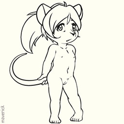 anthro biped clitoris eyebrows female flat_chested front_view genitals hair holding_own_tail holding_tail humanoid_genitalia humanoid_vulva looking_at_viewer navel nipples nude plantigrade short_hair simple_background solo standing tail vulva white_background young young_anthro young_female maverick mammal mouse murid murine rodent 1:1 2026 monochrome