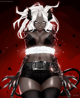 armband belt big_breasts black_horn bound breasts brown_body brown_skin chain cleavage clothed clothing eyebrows female first_person_view hair horn legwear long_hair looking_at_viewer metal_claws navel not_furry occult_symbol patreon_logo patreon_username pentagram red_background simple_background smile solo symbol text thigh_highs white_eyebrows white_eyes white_hair easonx helltaker patreon judgement_(helltaker) demon demon_humanoid humanoid artist_name english_text signature