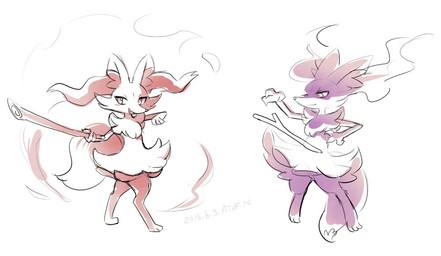 3_fingers ambiguous_anthro ambiguous_gender anthro arm_tuft biped blush blush_lines cheek_tuft chest_tuft closed_smile cute_fangs digitigrade dipstick_tail duo emanata eyelashes facial_tuft fangs fingers flat_chested front_view hip_tuft holding_object holding_stick inner_ear_fluff levitating_object levitation markings mouth_closed nude_ambiguous nude_anthro open_mouth open_smile pointy_ears prick_ears raised_arms shoulder_tuft simple_background smile standing stick tail tail_markings tapering_snout teeth three-quarter_view tuft white_background aturn nintendo pokemon braixen canid generation_6_pokemon mammal pokemon_(species) 2016 dated digital_drawing_(artwork) digital_media_(artwork) full-length_portrait japanese_description portrait signature translated_description