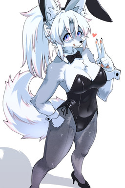 anthro big_breasts biped black_bow_tie black_clothing black_footwear black_high_heels black_leotard black_nails blue_eyes bow_tie breasts bunny_costume chest_tuft cleavage clothed clothing colored_nails costume female fingers fluffy fluffy_tail footwear fully_clothed fur grey_body grey_fur hair high-angle_view high_heels kemono legwear leotard looking_at_viewer nails navel_outline pantyhose plantigrade shirt_collar shirt_cuffs shoes smile solo strapless_clothing strapless_leotard tail three-quarter_view tights tuft white_body white_fur white_hair white_tail ookamiwaho okami_bark canid canine canis mammal wolf 2:3 full-length_portrait hi_res portrait shaded