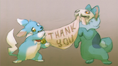 3_fingers 3_toes ambiguous_gender bell bell_collar black_nose blue_body blue_fur chest_tuft collar duo fangs feet feral fingers fur green_body green_fur looking_at_viewer male open_mouth paws red_eyes teeth text toes tuft white_body white_fur yellow_eyes skulldog_(artist) fakemon nintendo pokemon mac_(shrike_alvaron) eevee generation_1_pokemon hybrid pikachu pokemon_(species) skulldog_(species) 2016 english_description english_text