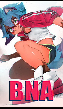 alternate_species anthro black_bars black_body black_fur black_hair blue_body blue_eyes blue_fur blue_hair brown_body brown_fur clothed clothing female fluffy fluffy_tail footwear fur glistening glistening_body hair jacket looking_at_viewer multicolored_body multicolored_fur multicolored_hair navel pink_eyes shoes short_hair smile solo tail text topwear niwarhythm brand_new_animal studio_trigger michiru_kagemori canid canine mammal raccoon_dog tanuki absurd_res english_text hi_res letterbox