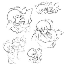 anthro blush cloak clothing cowl duo heart_symbol hug human_on_anthro interspecies kissing male male/male smile wings ps_(pixiv) bandai_namco digimon digimon_beatbreak makoto_kuonji chiropmon digimon_(species) human mammal 1:1 monochrome sketch_page