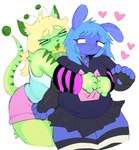 :3 >_< antennae_(anatomy) anthro anthro_on_anthro blue_body blue_fur blush bottomwear clothing eyelashes eyes_closed female female/female fur green_body green_fur heart_symbol hug inner_ear_fluff legwear open_:3 purple_eyes romantic romantic_couple shorts simple_background skirt slightly_chubby slightly_chubby_anthro slightly_chubby_female tail thigh_highs tuft catgenderzz alien alien_cat domestic_cat felid feline felis lagomorph leporid mammal rabbit 2025 hi_res