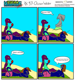 anthro beach clothed clothing deaf dialogue female male reading shrinking size_transformation sunbathing swimwear text topless topless_female towel transformation baristagamerproductions ada_(gem_hunters) background_character phoebe_(gem_hunters) elephant elephantid felid feline mammal proboscidean reptile scalie snake absurd_res comic english_text hi_res