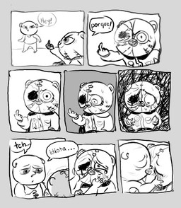 anthro biped bodily_fluids bottomwear clothing crying dialogue duo kissing pants sad scar shirt tears text topwear gtfo_imp unicorn_wars azulin_(unicorn_wars) gordi_(unicorn_wars) bear mammal 2023 monochrome spanish_text translated incest_(lore)
