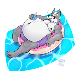 anthro belly beverage big_belly bottomwear bulge clothing countershading hair male nipples obese outside overweight overweight_anthro overweight_male pool_float shorts simple_background smile solo swimming_pool swimwear water awoogasm nintendo star_fox wolf_o'donnell canid canine canis mammal wolf digital_media_(artwork) hi_res
