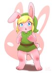 3_toes anthro barefoot blonde_hair clothing feet fur hair male pink_body pink_fur scut_tail shirt short_tail solo tail toes topwear tunic young young_anthro kawa_(artist) nintendo the_legend_of_zelda link link_(rabbit_form) lagomorph leporid mammal rabbit absurd_res hi_res