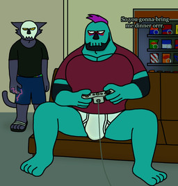 anthro barefoot black_clothing black_shirt black_t-shirt black_topwear blue_bottomwear blue_clothing blue_shorts blue_text bottomwear break_room briefs brown_sofa clogs clothed clothing controller dialogue duo feet footwear furniture game_controller gaming green_text hair holding_controller holding_game_controller holding_object inside machine male monotone_briefs monotone_clothing monotone_underwear muscular muscular_male pantsless pantsless_anthro pantsless_male playing_video_game purple_hair red_clothing red_shirt red_t-shirt red_topwear sandals shirt shoes shorts sitting sofa t-shirt text tighty_whities topwear underwear vending_machine white_briefs white_clothing white_underwear yellow_sclera eddicus jacob_(eddicus) english_text hi_res