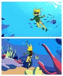 diving diving_mask male mask scuba scuba_fins scubadiving solo underwater water wetsuit byondrage chef_cheiro_(artist) kahel lagomorph leporid mammal rabbit absurd_res hi_res