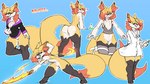 16:9 2021 3_toes amelia_(psyphix) anthro blue_background bottle bottomless braixen butt chest_tuft clothed clothing coat container digital_media_(artwork) ear_piercing eyewear fan_character feet female fighting_pose fire flat_chested generation_6_pokemon genitals glasses hair heart_symbol hi_res inner_ear_fluff innie_pussy kawfee lab_coat legwear looking_at_viewer looking_back looking_back_at_viewer mostly_nude multiple_outfits multiple_poses nintendo nude piercing pokemon pokemon_(species) pose pussy rear_view signature simple_background solo standing thigh_highs toes topwear tuft weapon widescreen