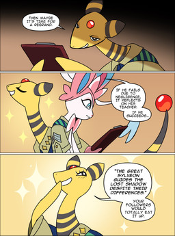 anthro anthrofied black_body blue_body blue_eyes blue_fur blush blush_lines clothed clothed_anthro clothing dialogue duo eyelashes fur male open_mouth open_smile pink_body pink_ears pink_fur pokemorph smile sparkles tail text white_body white_fur yellow_body yellow_ears yellow_tail odeko-yma nintendo pokemon pokemon_mystery_dungeon spike_chunsoft pix_(odeko-yma) ampharos eeveelution generation_2_pokemon generation_6_pokemon pokemon_(species) sylveon absurd_res comic english_text hi_res