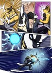 anthro aura_sphere clothing defending duo fight male punch shirt topwear torn_clothing torn_shirt torn_topwear uppercut juniorjosi shaesullivan_(artist) nintendo pokemon wepawet eeveelution generation_1_pokemon generation_2_pokemon jolteon pokemon_(species) umbreon comic hi_res