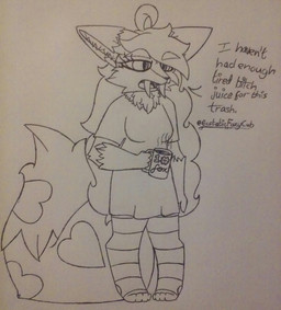 anthro big_hair biped breasts container cup dialogue eyelashes fangs female hair heart_(marking) holding_container holding_cup holding_mug holding_object markings mug neck_tuft sabertooth_(anatomy) solo standing teeth text tuft robynsnowyfoxxo robyn_(robynsnowyfoxxo) canid canine felid fox hybrid mammal prehistoric_species saber-toothed_tiger english_text hi_res pen_(artwork) traditional_media_(artwork) demigirl_(lore) nonbinary_(lore) trans_(lore) trans_woman_(lore)