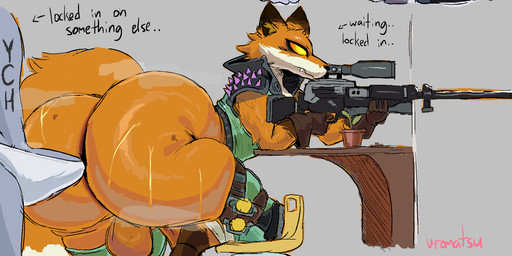 anthro backsack balls big_butt big_penis bottom_heavy bottomless bulge butt clothed clothing duo erection femboy genitals gun huge_butt hyper hyper_butt imminent_sex male male/male penis plant plant_pot potted_plant ranged_weapon rifle sniper_rifle tail text thick_thighs weapon wide_hips yellow_eyes uromatsu epic_games fortnite fennix_(fortnite) canid canine fox mammal red_fox true_fox english_text hi_res