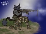 2024 anthro black_body black_fur black_tail bodysuit camo canid canine canis clothed clothing dubmare eyebrows female fingers footwear fur gun high_heels mammal narrowed_eyes ranged_weapon signature skinsuit sligarthetiger solo tail thick_thighs tight_clothing topwear vest weapon wolf