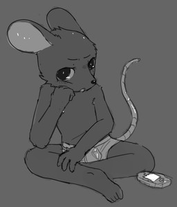 :o anthro briefs briefs_only clothed clothing fur grey_background grey_body grey_fur male open_mouth simple_background sitting solo topless underwear underwear_only video_game_console young young_anthro young_male bravobunny game_boy_advance game_boy_family nintendo mammal mouse murid murine rodent full-length_portrait greyscale monochrome portrait