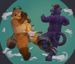 anthro asian_clothing belly brown_body brown_fur butt clothing countershading duo east_asian_clothing fundoshi fur humanoid_hands japanese_clothing kemono leaf magic male moobs overweight overweight_male purple_body purple_fur underwear vu06 felid feline mammal 2021 hi_res