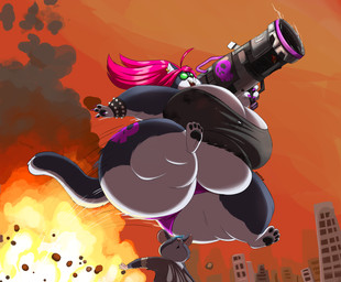 ambiguous_gender anthro big_breasts big_butt breasts butt city clothing duo explosion eyewear female female_focus glasses huge_breasts huge_butt huge_thighs jumping low-angle_view obese obese_female orange_background overweight overweight_female panties ranged_weapon rocket_launcher simple_background size_difference solo_focus tattoo thick_thighs underwear wasteland weapon shenzel domestic_cat felid feline felis mammal mouse murid murine rodent absurd_res hi_res
