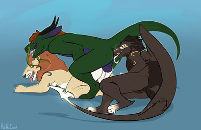 all_fours anal anal_penetration animal_genitalia anthro anthro_on_anthro anthro_penetrated anthro_penetrating anthro_penetrating_anthro balls black_body blue_eyes brown_body brown_fur butt countershade_balls countershade_butt countershade_face countershade_genitalia countershade_torso countershading fur genital_slit genitals green_body grey_body group horn long_tongue male male/male male_anthro male_penetrated male_penetrating male_penetrating_male mane membrane_(anatomy) membranous_wings mixed_sandwich_position nude nude_anthro nude_male open_mouth open_smile oral orange_eyes penetrating_while_rimmed penetration penile penile_penetration penis_in_ass purple_body raised_tail rimming sex simple_background smile tail tan_body tan_fur tongue tongue_out trio whiskers wings meldritchhorror mythology ghostfire_(foxdragon) zanadu_(character) dragon felid lion mammal mythological_creature mythological_scalie pantherine scalie 2017 hi_res