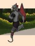 anthro athletic bottomwear clothed clothing detailed_background disability dumbbell exercise forest fur grass grey_body hair heterochromia male membrane_(anatomy) membranous_wings notched_wings open_mouth outside pavement plant prosthetic prosthetic_leg prosthetic_limb red_body red_sclera running running_blade scar shorts shrub smile solo teeth tree tuft weightlifting weights wings workout kawattame bat mammal megabat 3:4 digital_media_(artwork) hi_res shaded