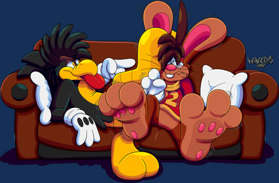 2_toes 3_toes 4_fingers anthro big_feet big_tongue blush blush_lines cartoon_gloves curling_toes duo feet fingers foot_fetish foot_focus foot_on_face foot_on_head male male/male pawpads paws red_tongue spread_toes teasing toes tongue tongue_out toony marquis2007 roderick_(tamerkoh) zak_(marquis2007) avian bird corvid corvus_(genus) crow lagomorph leporid mammal oscine passerine rabbit absurd_res alpha_channel hi_res