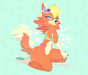 anthro black_nose blonde_hair bottomless bottomless_anthro bottomless_female cheek_tuft claws clothed clothing countershade_torso countershading dipstick_tail eyewear eyewear_on_head facial_markings facial_tuft female finger_claws fur hair head_markings kneeling leg_markings markings muzzle_(marking) orange_body orange_fur pawpads socks_(marking) solo sunglasses sunglasses_on_head tail tail_markings teal_bikini_top teal_eyes teal_inner_ear teal_pawpads tuft wearing_sunglasses yellow_eyelids saberghatz animal_crossing nintendo audie_(animal_crossing) canid canine canis mammal wolf 2020 hi_res