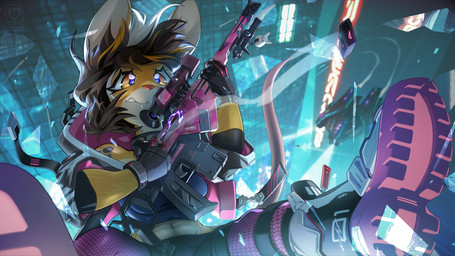 anthro bottomwear broken_glass city clothing falling female fingerless_gloves footwear future glass gloves gun handwear pants ranged_weapon shoes solo weapon yellow_eyes dansyron mammal mouse murid murine rodent 16:9 2022 digital_media_(artwork) hi_res widescreen
