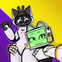 4_fingers :3 antennae_(anatomy) anthro anthrofied arm_around_hip ben_day_dots black_eyes black_face black_fingers black_pawpads blue_blush blue_sclera blush cable_tail duo electrical_plug_tail eyelashes fake_whiskers female fingers for_a_head gesture green_face green_inner_ear grey_body hand_on_hip logo_print looking_at_another looking_at_viewer machine masturbation name_tag noseless pawpads post-it_note purple_background screen screen_face segmented_body segmented_fingers selfie shoulder_pads simple_background thick_thighs waving white_body yellow_background x_equals_9 carrefour pudu_robotics kerfus pur_03 bellabot domestic_cat felid feline felis mammal object_head robot robot_anthro screen_head 1:1 2025 absurd_res cel_shading hi_res shaded