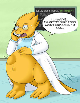 abdominal_bulge anthro belly big_belly blush bodily_fluids bottomless breasts buckteeth clothed clothing coat detailed_background dialogue electronics eyewear female fetal_movement front_view glasses holding_object holding_phone lab_coat laboratory monitor navel nervous non-mammal_breasts on_phone open_mouth orange_eyes outie_navel phone pregnant pregnant_anthro pregnant_female scales shaking shirt solo speech_bubble standing stuttering surprised sweat tail teeth text thick_tail three-quarter_view topwear trembling wide_eyed wide_hips worried yellow_body yellow_scales penciljunkie undertale undertale_(series) alphys lizard reptile scalie english_text hi_res signature