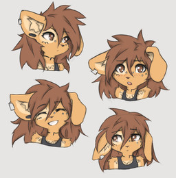 anthro arm_tuft black_nose blush bodily_fluids brown_body brown_eyes brown_fur brown_hair cheek_tuft chest_markings chest_tattoo chibi clothing cowlick crying ear_piercing eyebrow_through_hair eyebrows eyelashes eyes_closed facial_markings facial_piercing facial_tattoo facial_tuft female female_anthro floppy_ears fur furgonomic_piercing furgonomics gauged_ear grey_background hair head_markings inner_ear_fluff looking_aside looking_at_viewer markings messy_hair mottled mottled_nose muzzle_piercing neck_markings neck_tattoo nose_piercing open_mouth piercing pink_nose shirt simple_background smile solo tank_top tattoo tears toothy_smile topwear translucent translucent_hair tuft tinygaypirate apogee_(tinygaypirate) canid canine canis domestic_dog mammal spitz bust_portrait hi_res multiple_images portrait