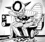 3_toes 5_fingers bodily_fluids bottomwear bottomwear_down clenched_teeth clothed clothing constipation fart fart_cloud feces feet fingers hands_on_stomach horn male on_toilet pants pants_down partially_clothed pooping solo sweat teeth toes toilet toilet_paper sakkan dragon_ball frieza frieza_race 2018 digital_media_(artwork) monochrome