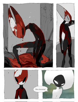 anthro biped black_body blood blood_covered blood_drip blood_on_face bodily_fluids cleaning_face dialogue dripping female gore horn nude nude_female segmented_body smug_grin solo speech_bubble stab standing justdog hollow_knight:_silksong hollow_knight_(franchise) team_cherry hornet_(hollow_knight) lace_(hollow_knight:_silksong) arachnid arthropod fly_(animal) insect spider wardenfly 2026 comic greyscale hi_res monochrome